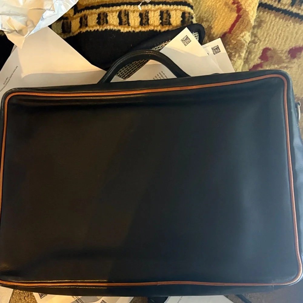Bally Black‎ Leather Laptop Briefcase with Brown Trim
